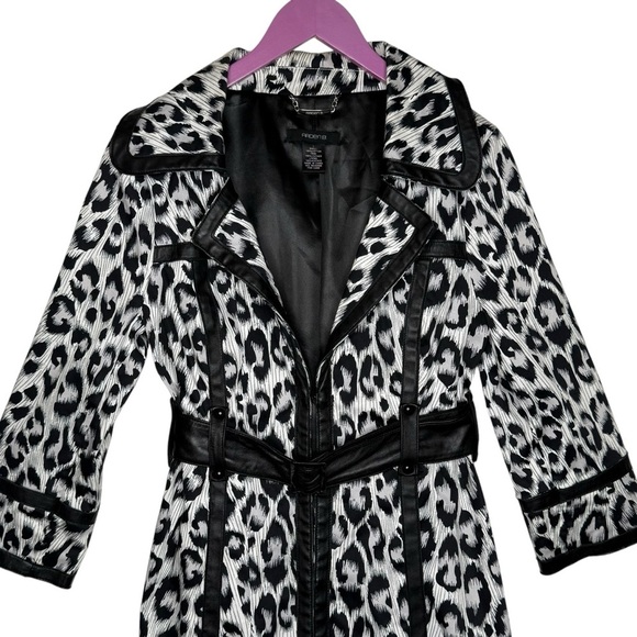 Arden B. Leather Trim Leopard Animal Print Belted Trench Coat Size L Black White - Picture 6 of 15
